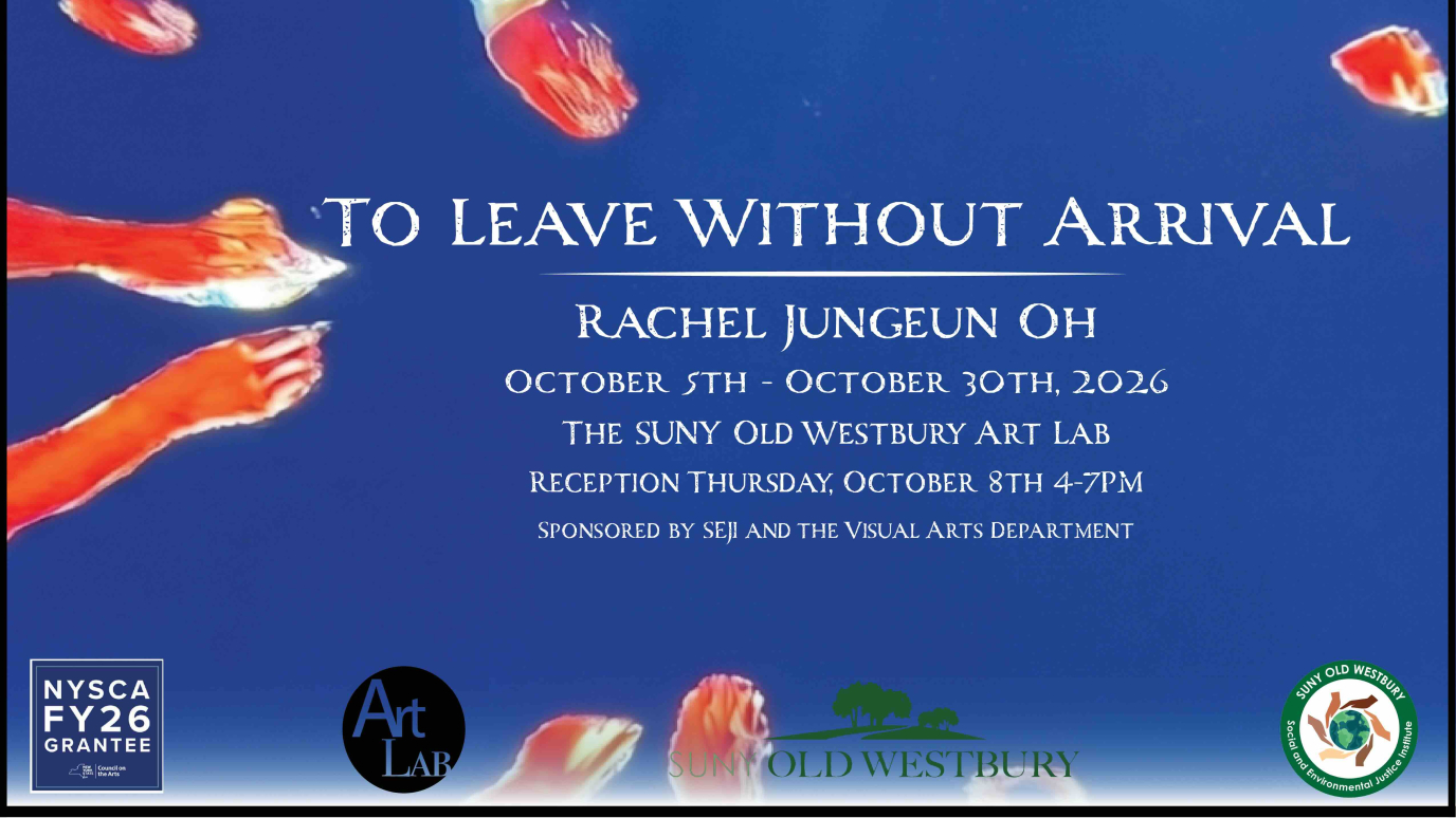 Blue background with red ribbons curling within it with text showing the exhibit name and dates