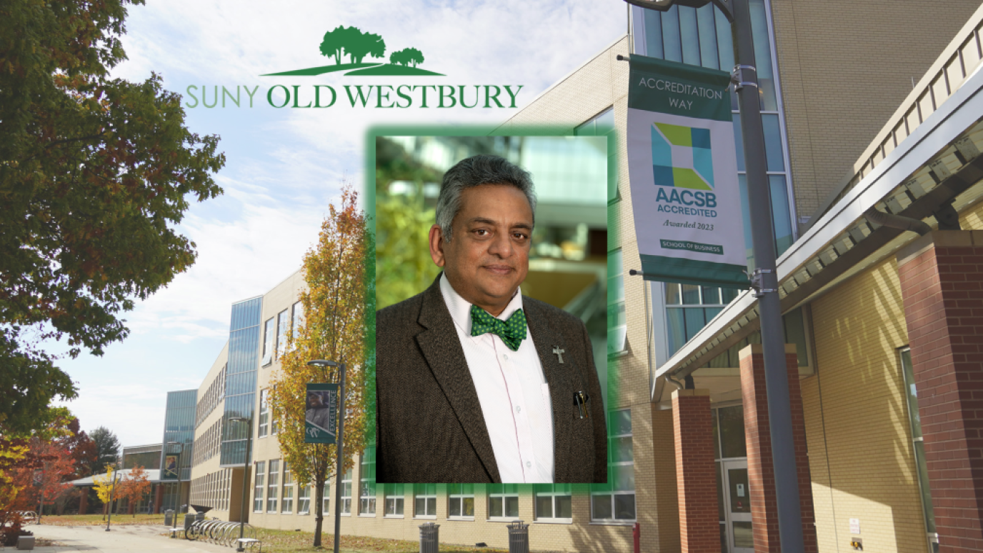 Collage of a man in a bow tie and green jacket smiling confidently superimposed over a photo of a University building. 