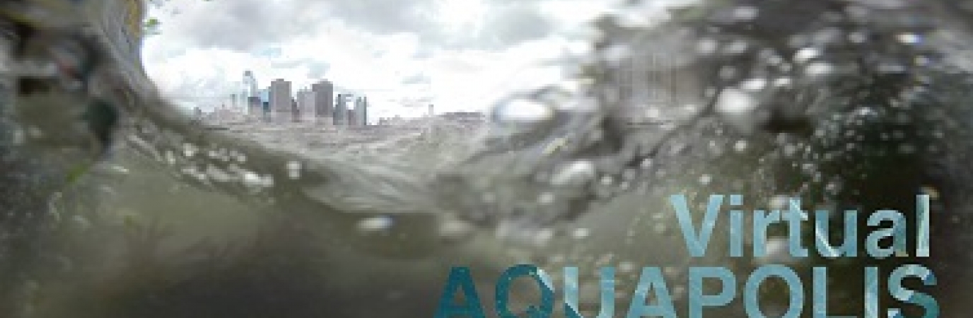 View from a camera with water sloshing over it with the text Virtual Aquapolis appearing 