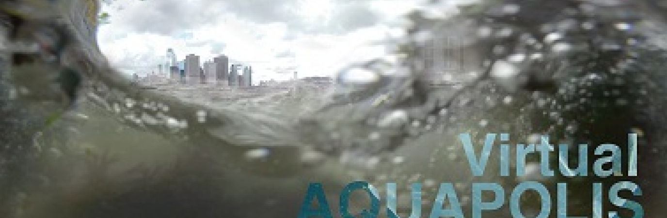 View from a camera with water sloshing over it with the text Virtual Aquapolis appearing