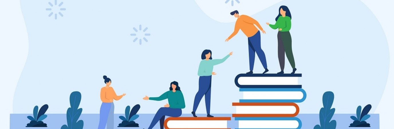 Illustration of people helping each other up a staircase made of stacked books