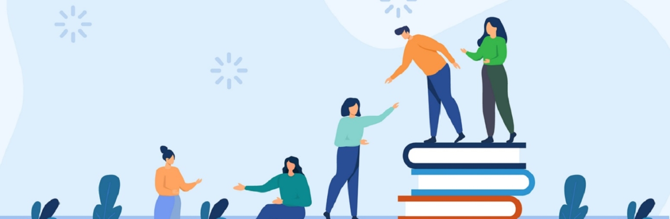 Illustration of characters helping each other up a staircase made of stacked books