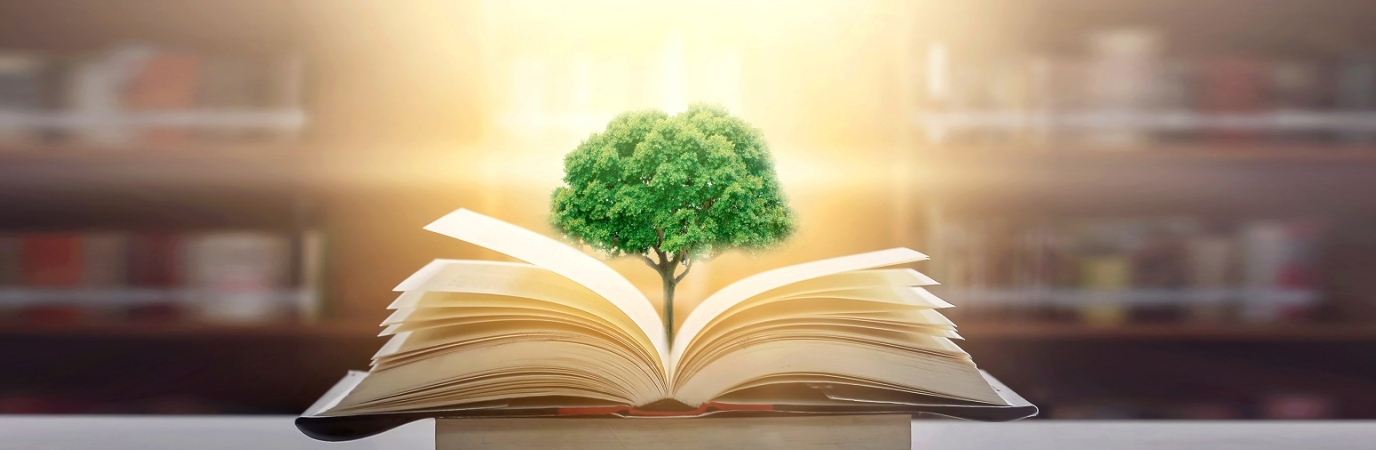 Illustration of a tree growing out of an open book