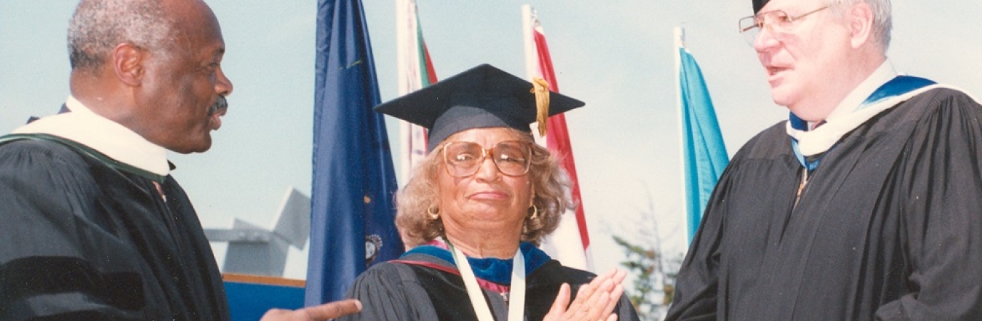 President Pettigrew in cap and gown at 1990 commencement