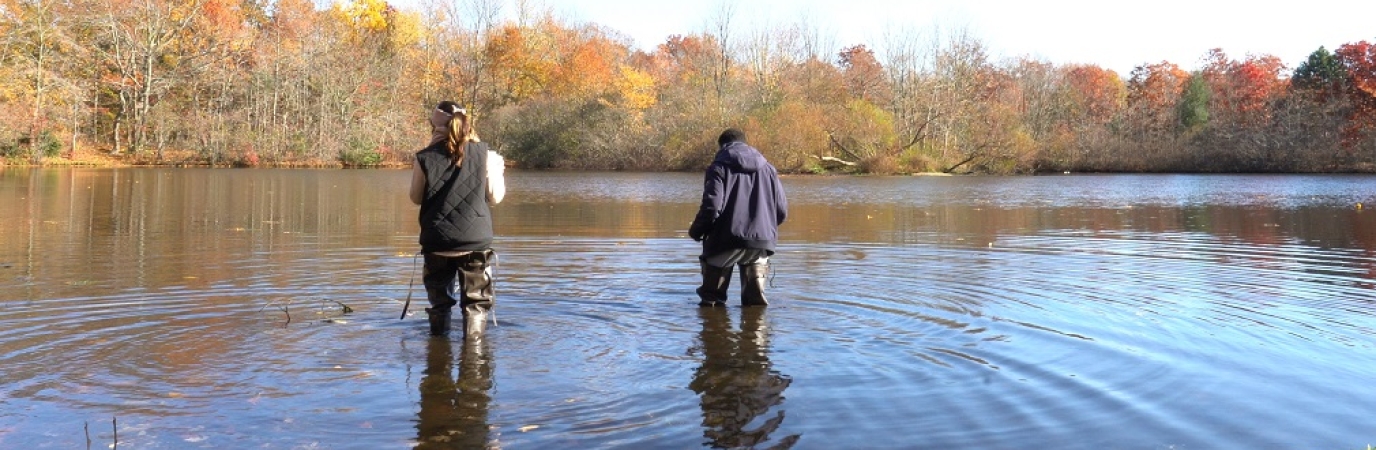 Two students wading in Wantagh waterway