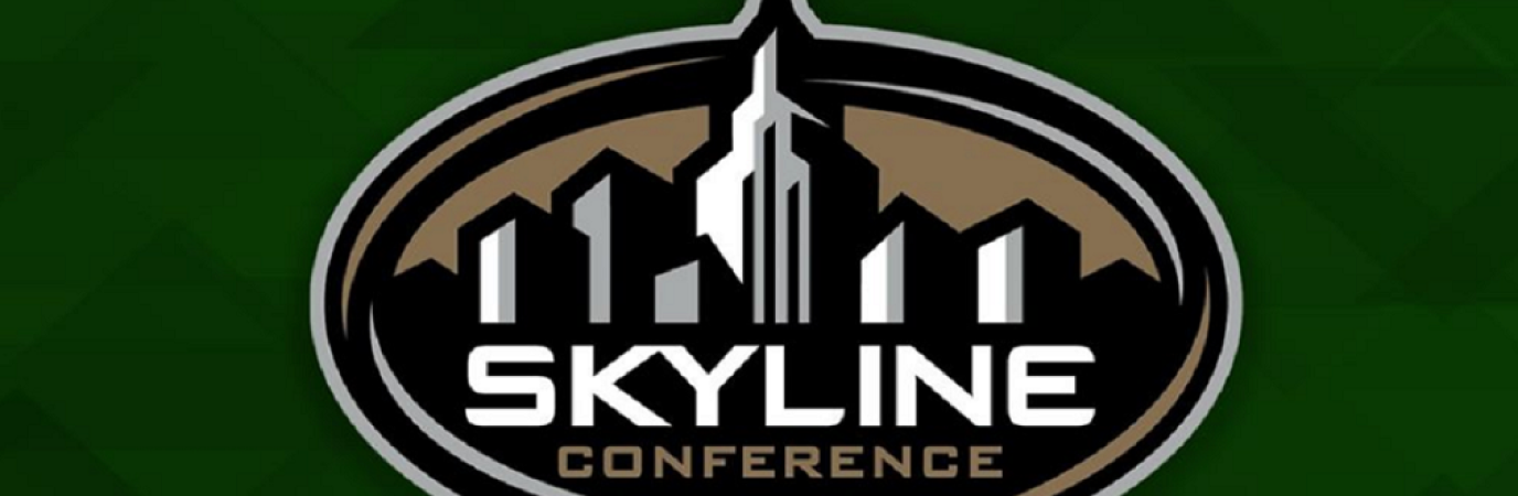 Skyline conference logo featuring a city skyline against with gold coloring against a green background