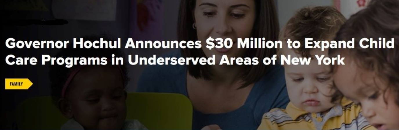 Stock photo of small children with a teacher with headline written over it that treads "Governor Announces $15.6 milliion to expand child care"
