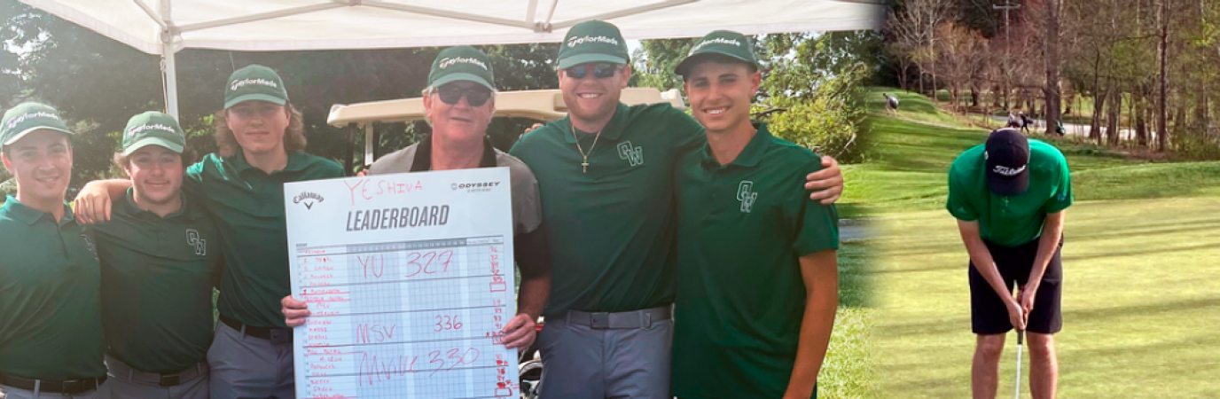 Four golfers holding large version of tournament scorecard