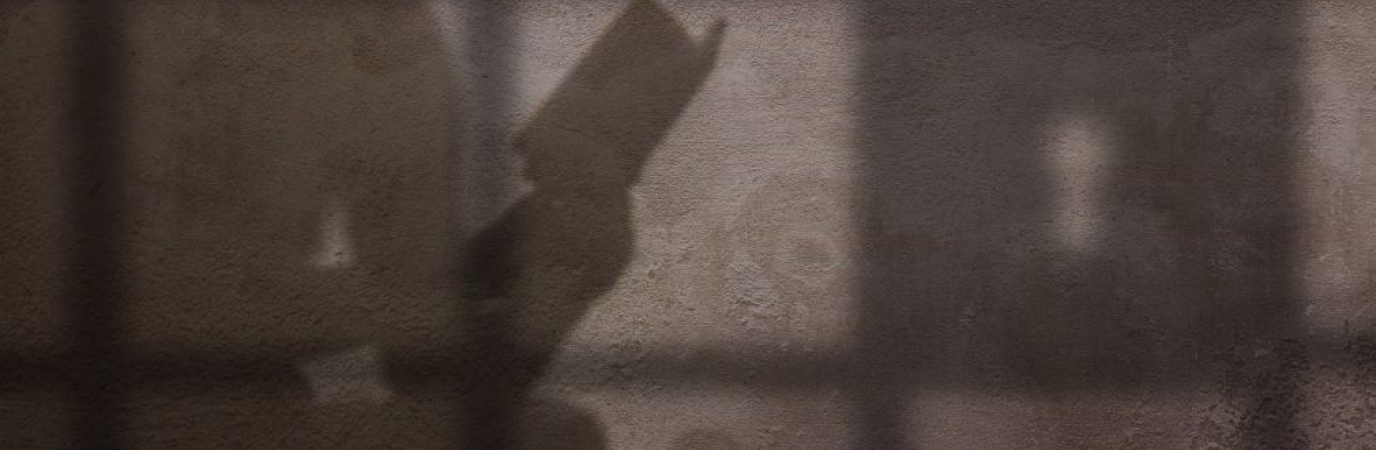 man reading book behind bars shown in silohouette (courtesy of Shutterstock)