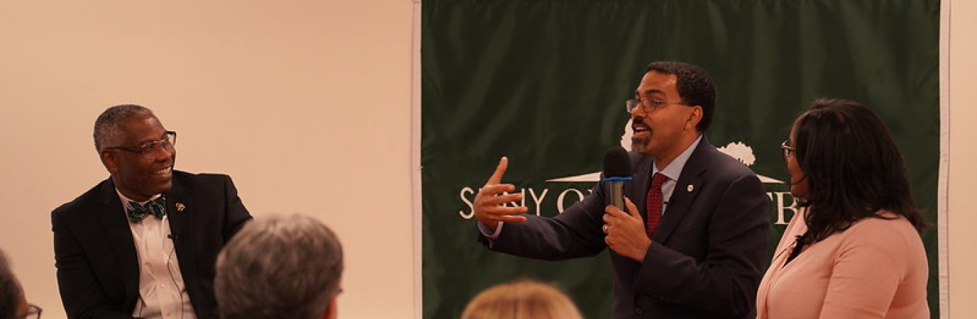 SUNY Chancellor John B. King, Jr. with SUNY Old Westbury President Timothy Sams and Dr. Danielle Lee of the English Department.