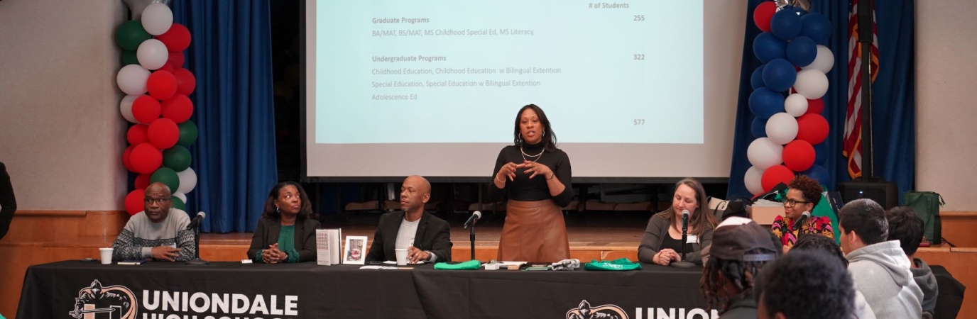 SUNY Old Westbury Faculty members from left to right , Dr. Blidi Stemn, Dean Shalei Simms. Dr. Jermaine Archer, Dean Diana Sukhram, Dr. Keisha Goode, and  Dr. Rahwa Haile