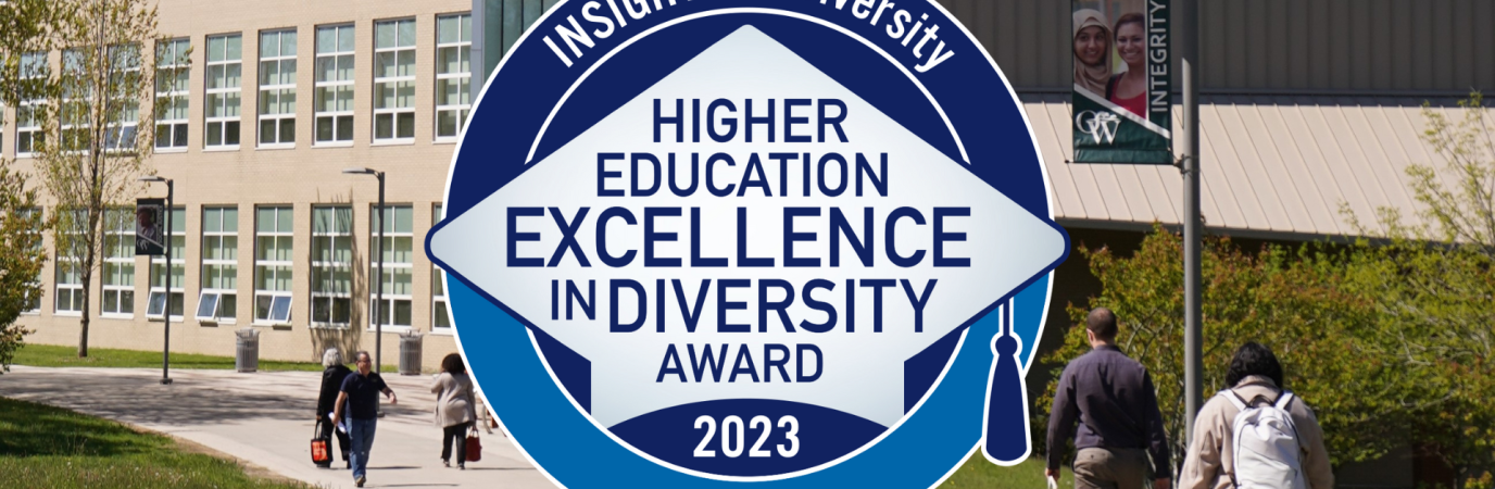 Award logo superimposed over campus walkway photo