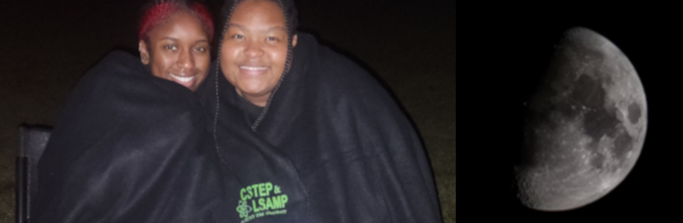 An Evening at the Stars at SUNY Old Westbury photo of two SUNY Old Westbury students side by side with the Moon