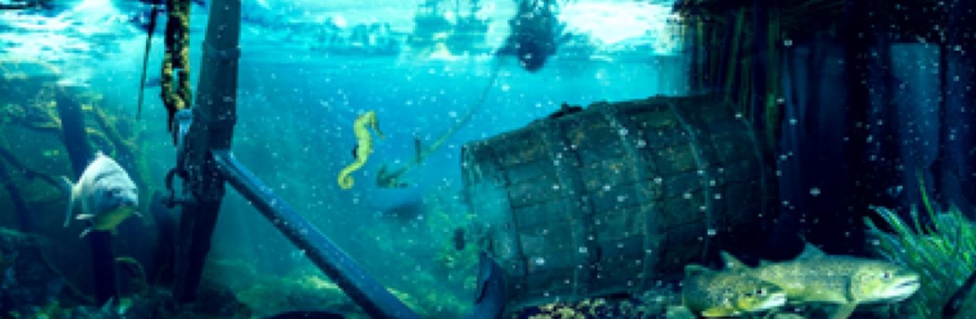 Digital illustration of a barrel underwater