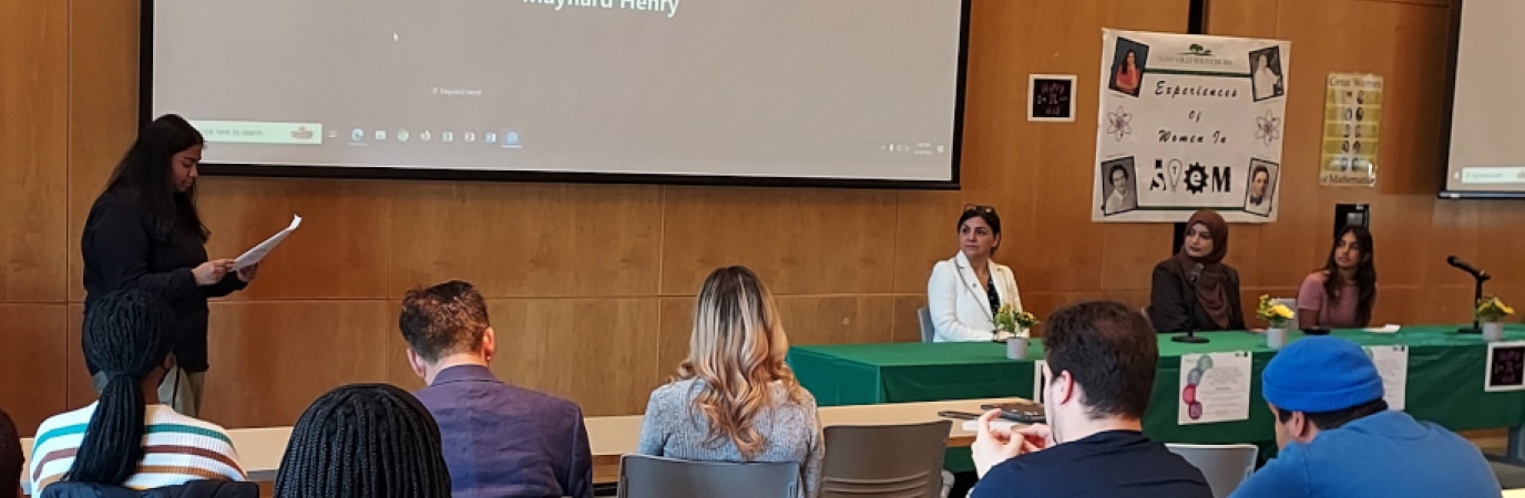 Panel with SUNY Vice Chancellor Dr.  Fatemeh (Shadi) Shahedipour-Sandvik, Old Westbury students Fatima Bhali and Dominique Crecco speaking to the room at the Women at STEM event.