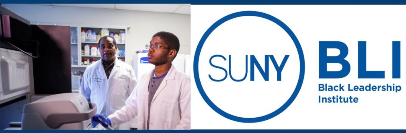 Two scientists in a lab with SUNY BLI logo superimposed
