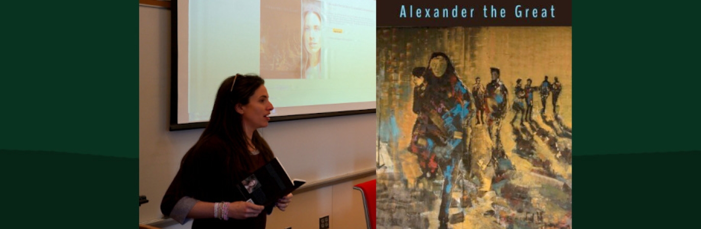 Photo of Professor Elizabeth Schmermund in front of a classroom and a photo of her new book "Alexander The Great"