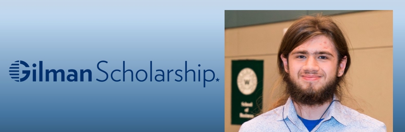 White male with text reading Gilman Scholarship