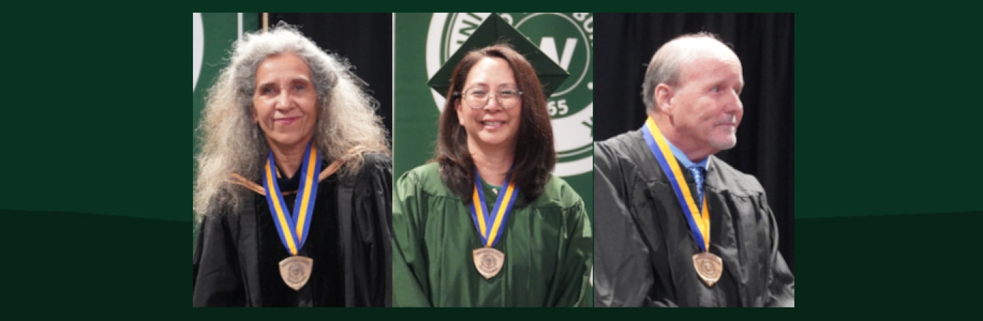 Headshots of Dr. Sylvie Kandé, Penny Jane Chin and Brian Realmuto wearing their SUNY Chancellor's Medals of Excellence.