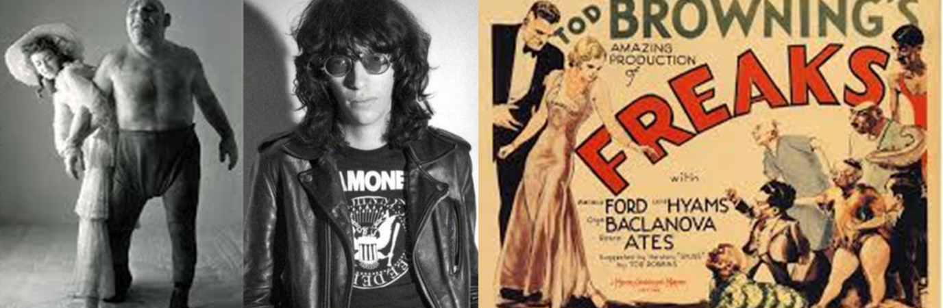 three images showing a man in a leather jacket, a movie poster and a large brutish man lifting a woman