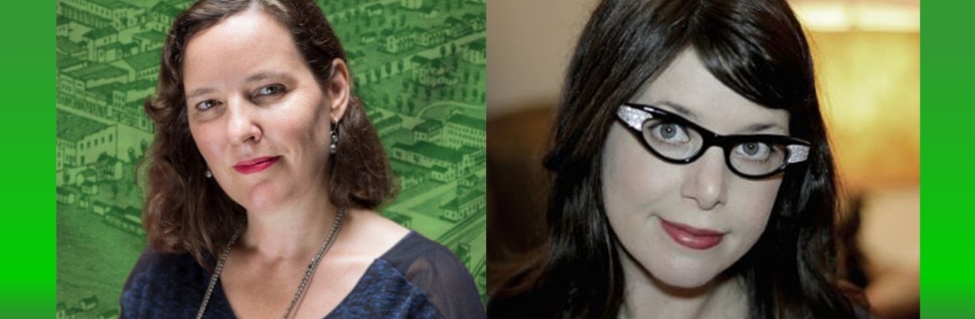 Two white women on a green background