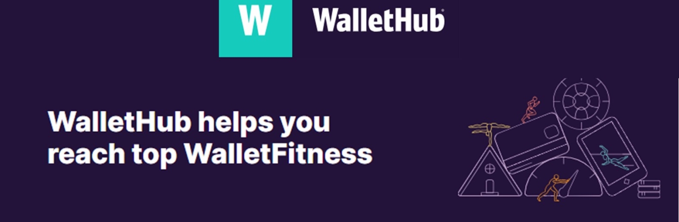 WalletHub W logo in aqua square within purple background with clip art images related to finance