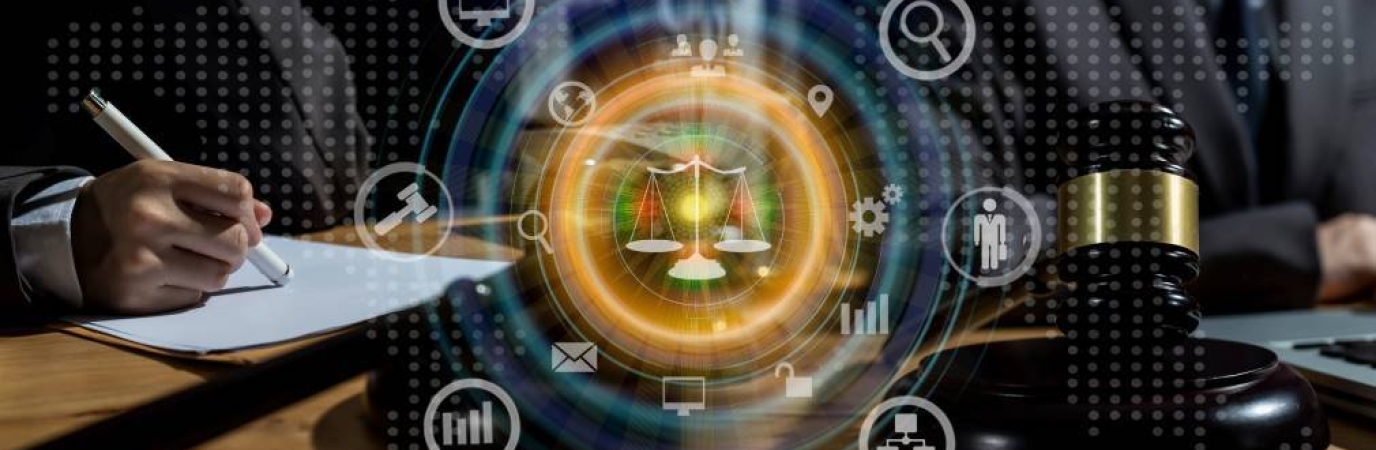 Digital illustration of lawyer sitting at a table with practice-specific icons floating around him
