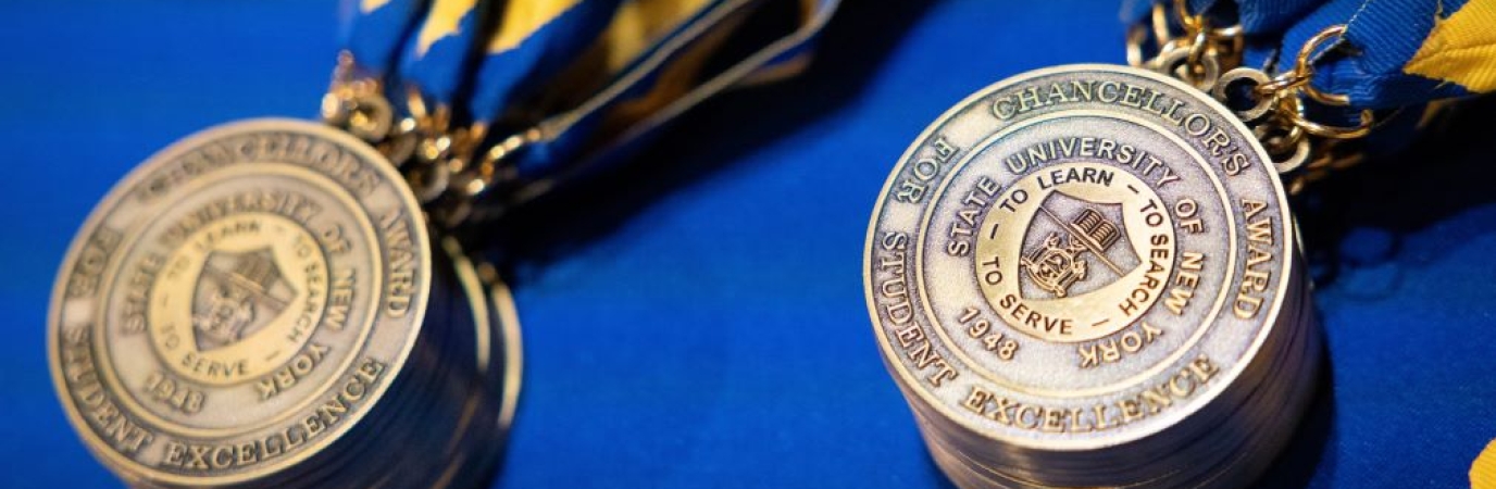 Stacks of bronze award medals hung from blue and yellow ribbons