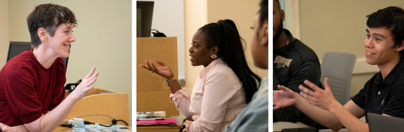 MA in liberal studies professor and students in classroom collage 