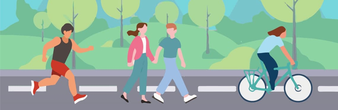 a man running, a couple walking hand in hand, and a woman riding a bicycle on a road lined with trees and mountains in the background