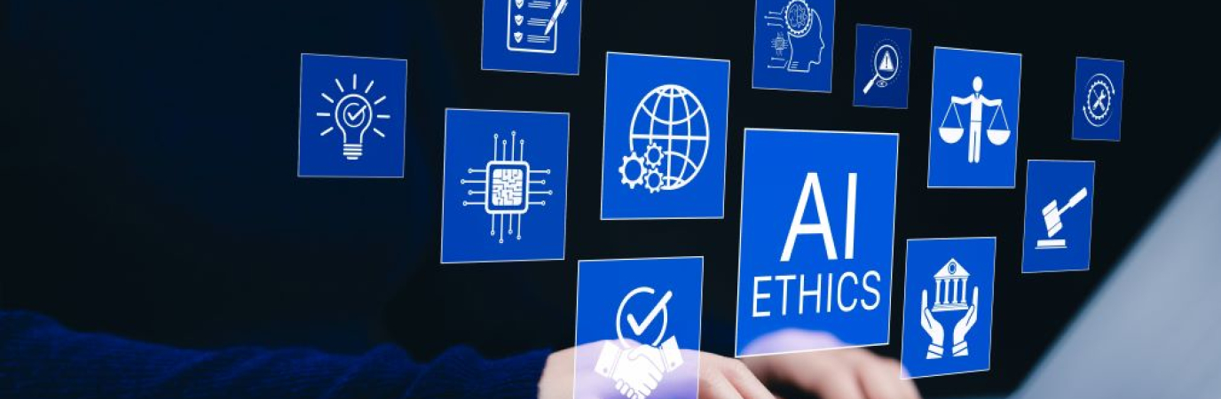 Photo illustration of hands on a keyboard superimposed with illustrations noting concepts involved in responsible artificial intelligence practices