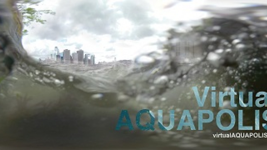 View from a camera with water sloshing over it with the text Virtual Aquapolis appearing 