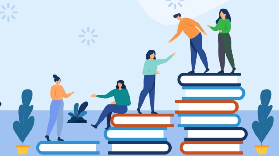 Illustration of characters helping each other up a staircase made of stacked books