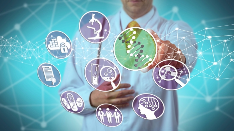 Animation of a man in a lab coat touching a screen with images representing technology, science, math