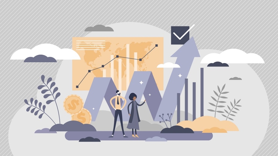 Illustration of man and women standing before bar and line charts and images of plants and earth