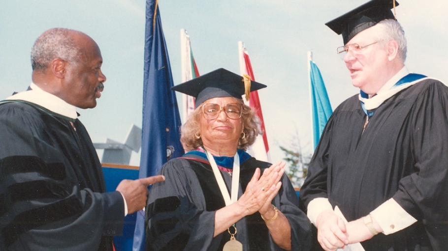President Pettigrew in cap and gown at 1990 commencement