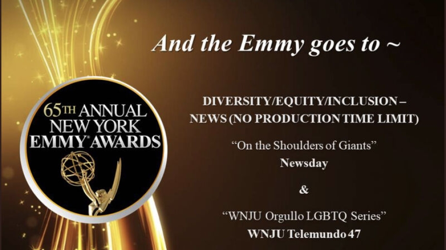 Slide showing that “On The Shoulders of Giants”  documentary won in the Diversity/Equity/Inclusion category for an Emmy®  by the New York chapter of the National Academy of Television Arts and Sciences