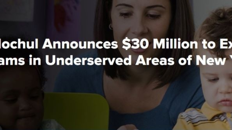 Stock photo of small children with a teacher with headline written over it that treads "Governor Announces $15.6 milliion to expand child care"