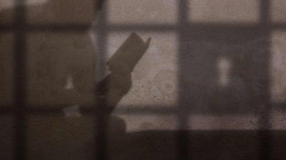 man reading book behind bars shown in silohouette (courtesy of Shutterstock)