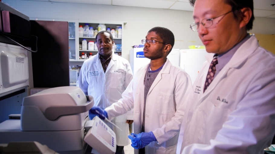 Student conducting research with two faculty members