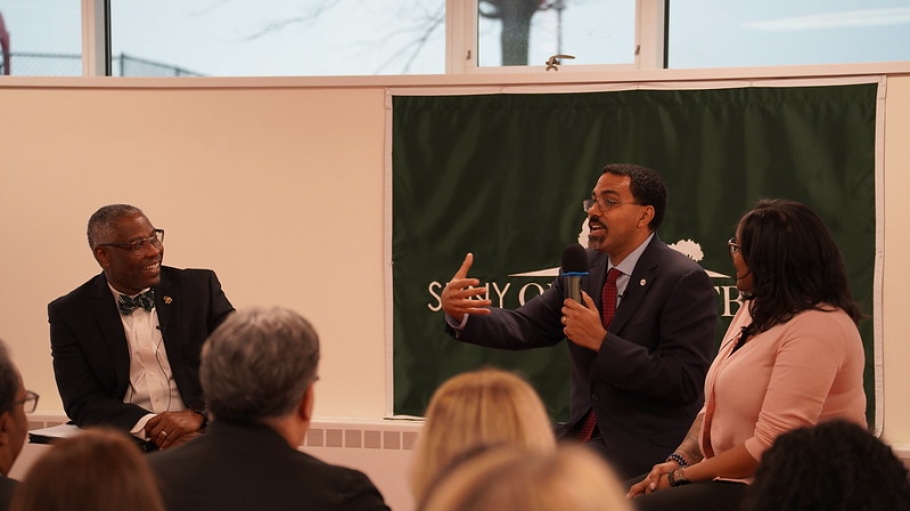 SUNY Chancellor John B. King, Jr. with SUNY Old Westbury President Timothy Sams  and Dr. Danielle Lee of the English Department.