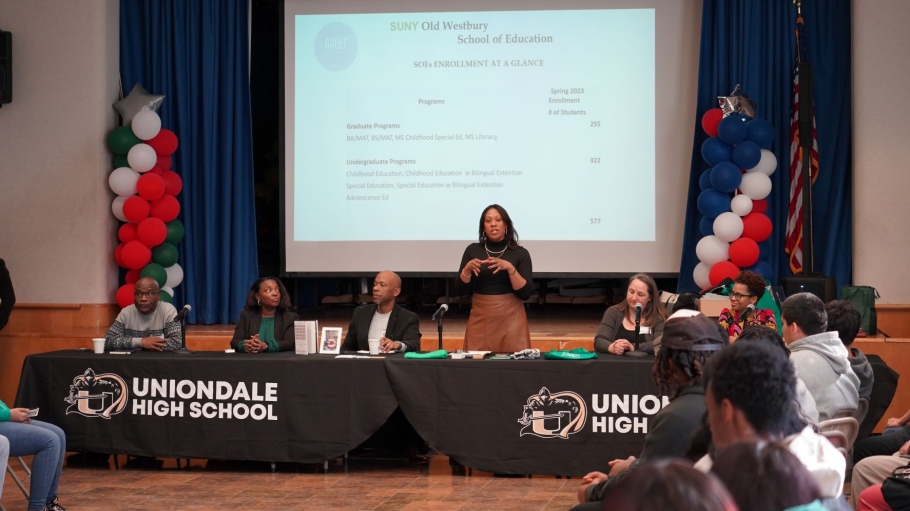 SUNY Old Westbury Faculty members from left to right , Dr. Blidi Stemn, Dean Shalei Simms. Dr. Jermaine Archer, Dean Diana Sukhram, Dr. Keisha Goode, and  Dr. Rahwa Haile