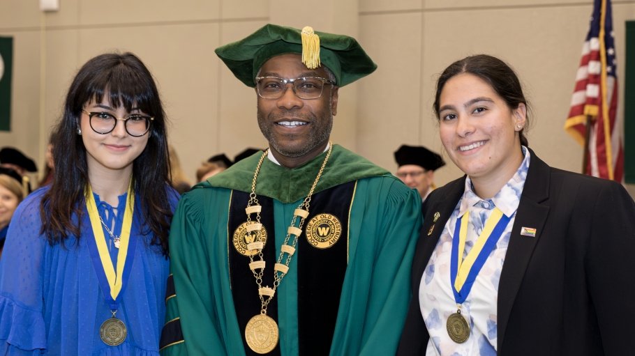 SUNY Chancellor Award winners Rosanna Cuttone and Asma Halimi with President Dr. Timothy E. Sams