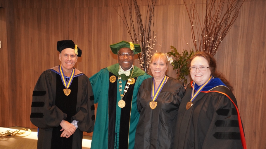 Dr. David Glodstein, College President Dr. Timothy E. Sams, Ms. Rhea Hitter and Dr. Jody Cardinal at the 2023 Commencement Ceremony.