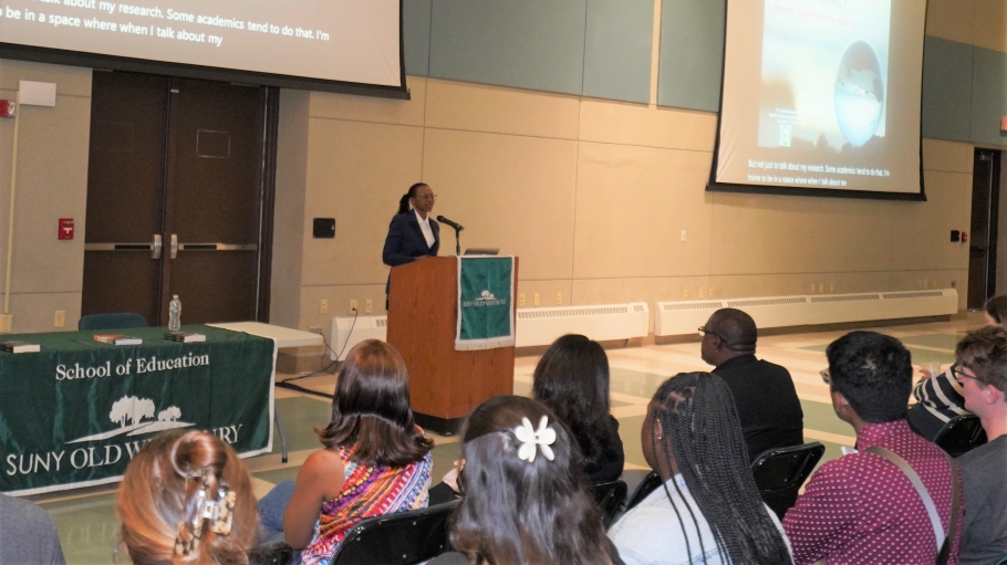 Guest speaker at a lectern in the Student Union Multipurpose Room