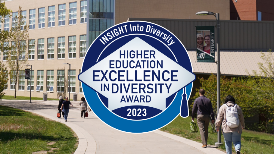 Award logo superimposed over campus walkway photo