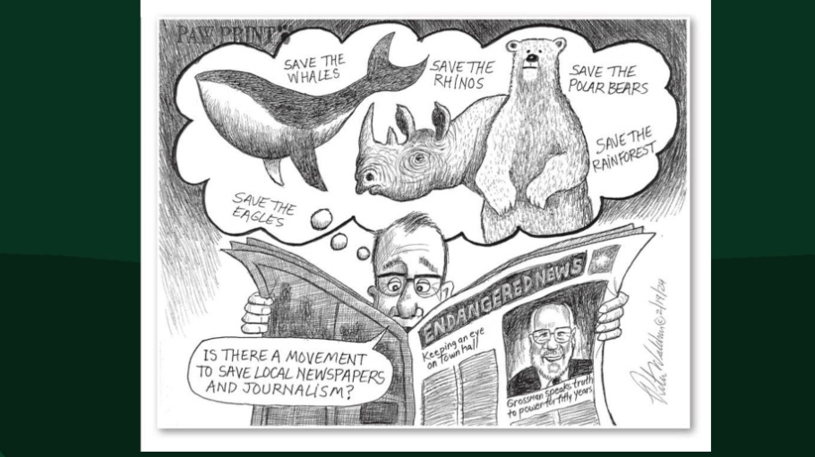 cartoon drawing featuring Professor Karl Grossman of the cover of a newspaper being read by an individual that asks "is there a movement to save local newspapers and journalism?"