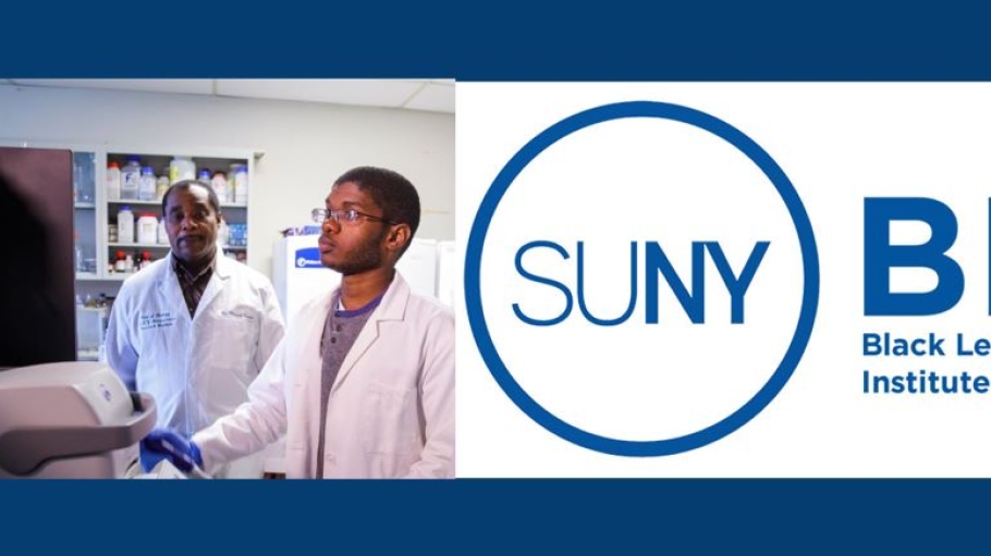 Two scientists in a lab with SUNY BLI logo superimposed