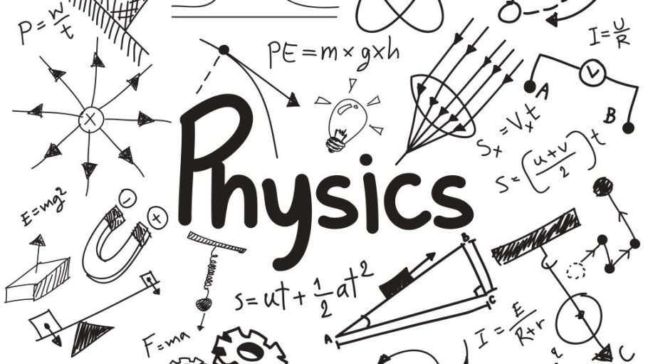 black and white hand-drawn illustration of scientific symbols and equations