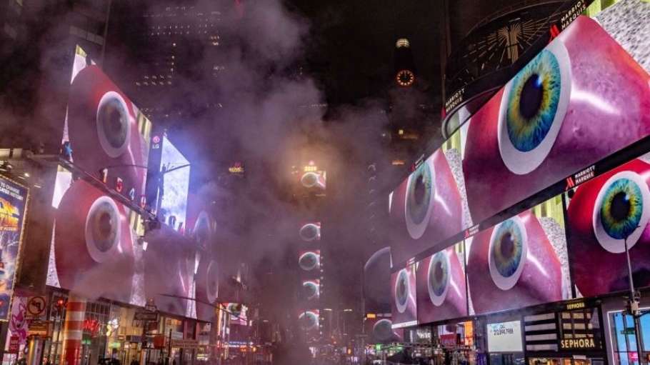 Photo of Professor Tricia McLaughlin's most recent 3D animation work, Life Forms playing at Times Square 